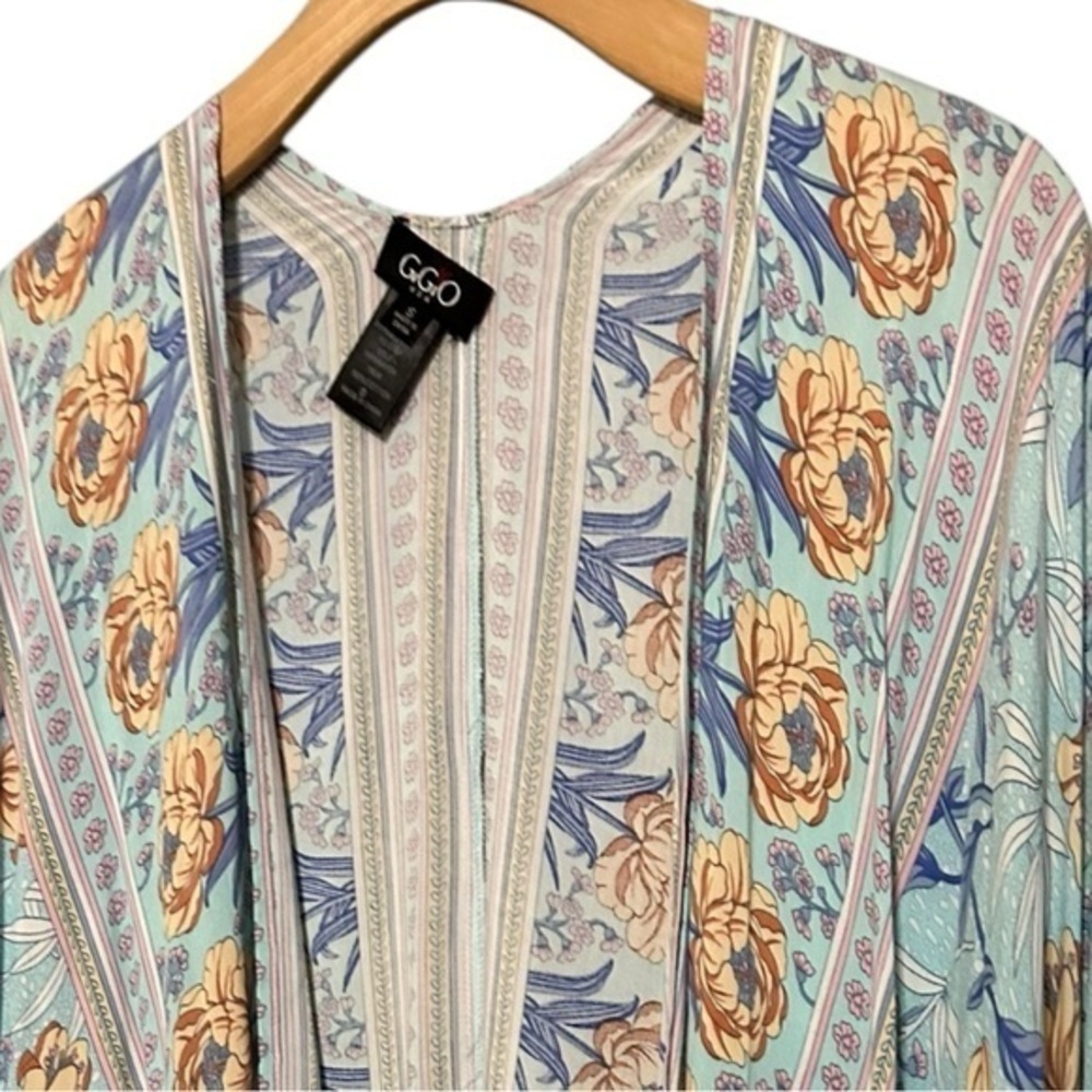 GigiO Women’s Size S Blue Floral Printed Tassel Trimmed Open Long Kimono Jacket